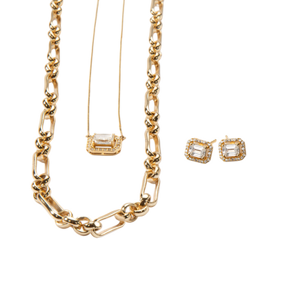 Diamond Rectangle Earrings and Gold Chain